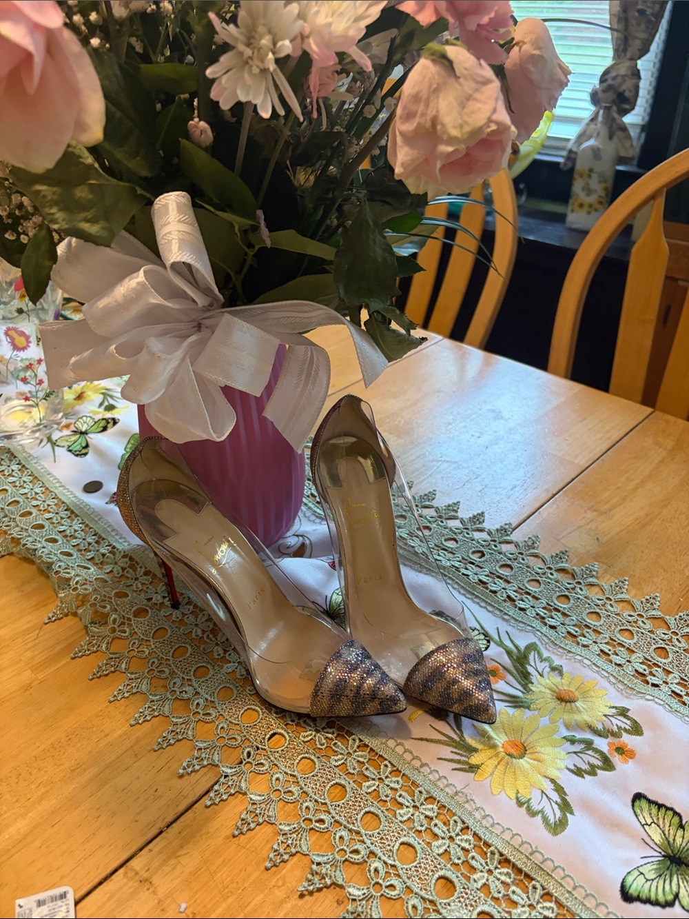 Christian Louboutin Clear D'Orsay Pumps with Glitter Pointed Toe - Pink/Silver